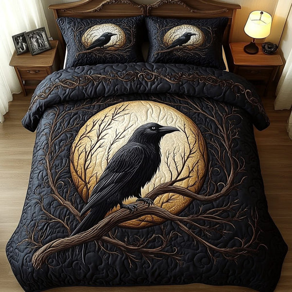 Mystic Feather quilted 3-piece bedding set on a made bed with two matching pillow shams