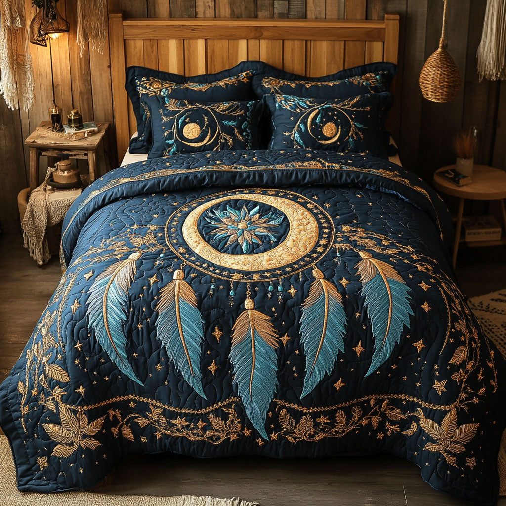 Mystic Feathers quilted 3-piece bedding set on a made bed with two matching pillow shams