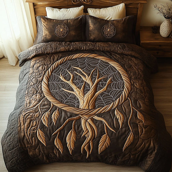 Mystic Feathers quilted 3-piece bedding set on a made bed with two matching pillow shams