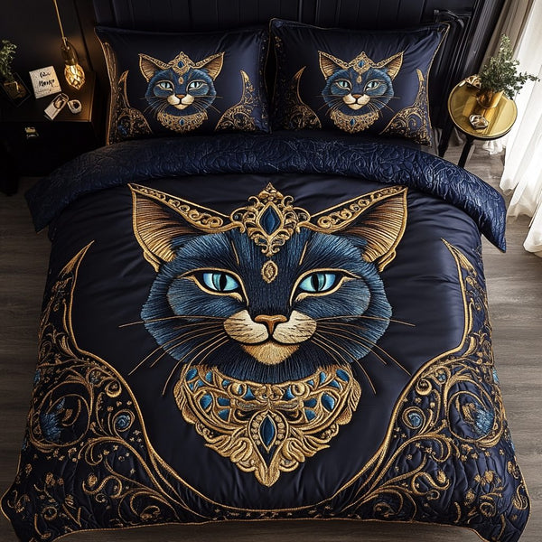 Mystic Feline quilted 3-piece bedding set on a made bed with two matching pillow shams