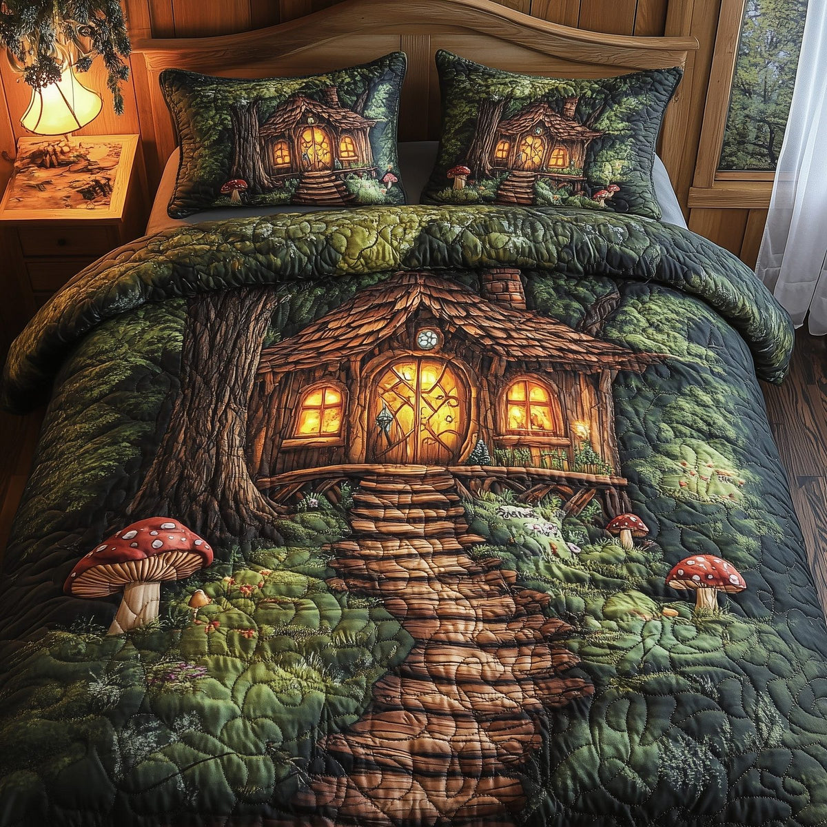Mystic Forest Hut quilted 3-piece bedding set on a made bed with two matching pillow shams