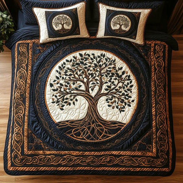 Mystic Forest Slumber quilted 3-piece bedding set on a made bed with two matching pillow shams