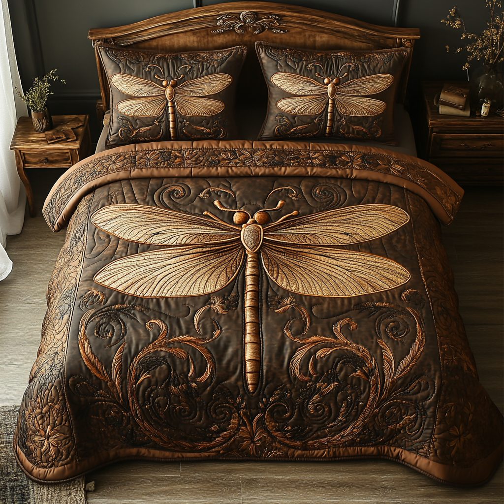 Mystic Glider quilted 3-piece bedding set on a made bed with two matching pillow shams