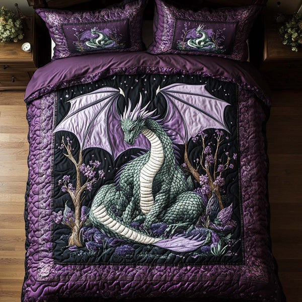 Mystic Guardian quilted 3-piece bedding set on a made bed with two matching pillow shams