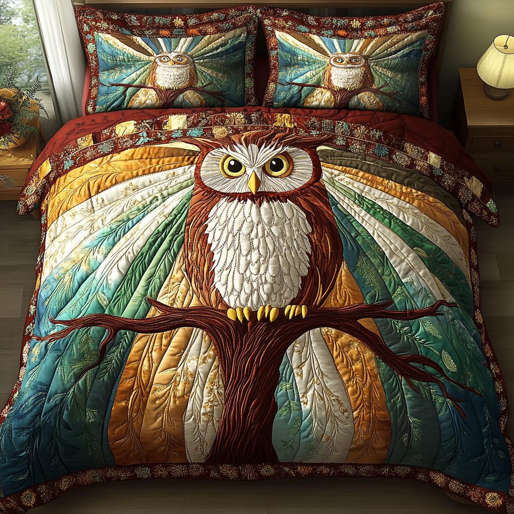 Mystic Hoot quilted 3-piece bedding set on a made bed with two matching pillow shams