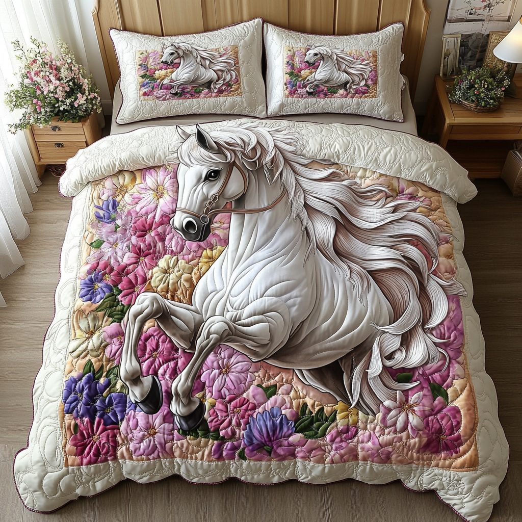 Mystic Horse quilted 3-piece bedding set on a made bed in a rustic timber bedroom