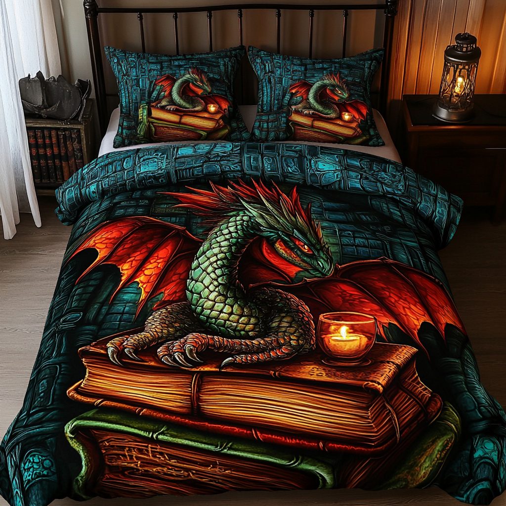 Mystic Library Dragon quilted 3-piece bedding set on a made bed with two matching pillow shams