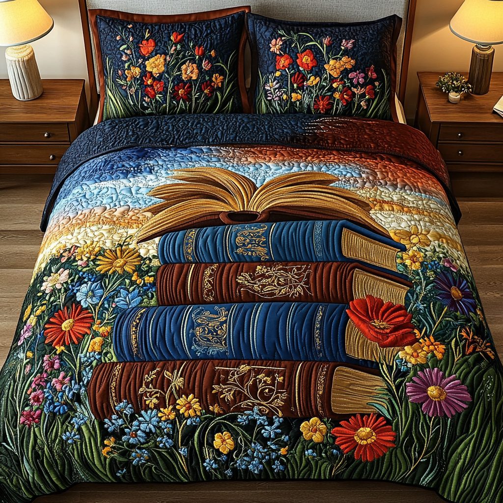 Mystic Library quilted 3-piece bedding set on a made bed with two matching pillow shams