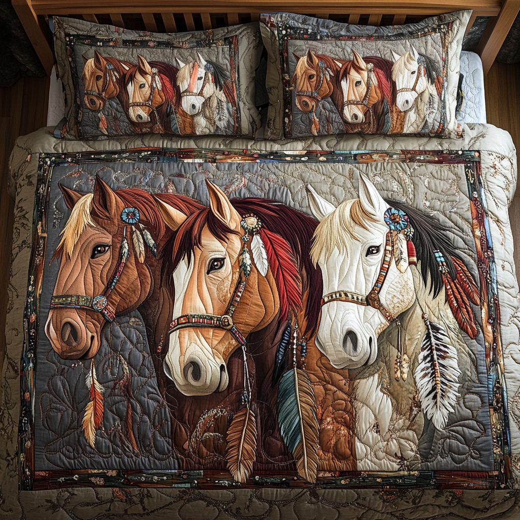 Mystic Mane quilted 3-piece bedding set on a made bed with two matching pillow shams