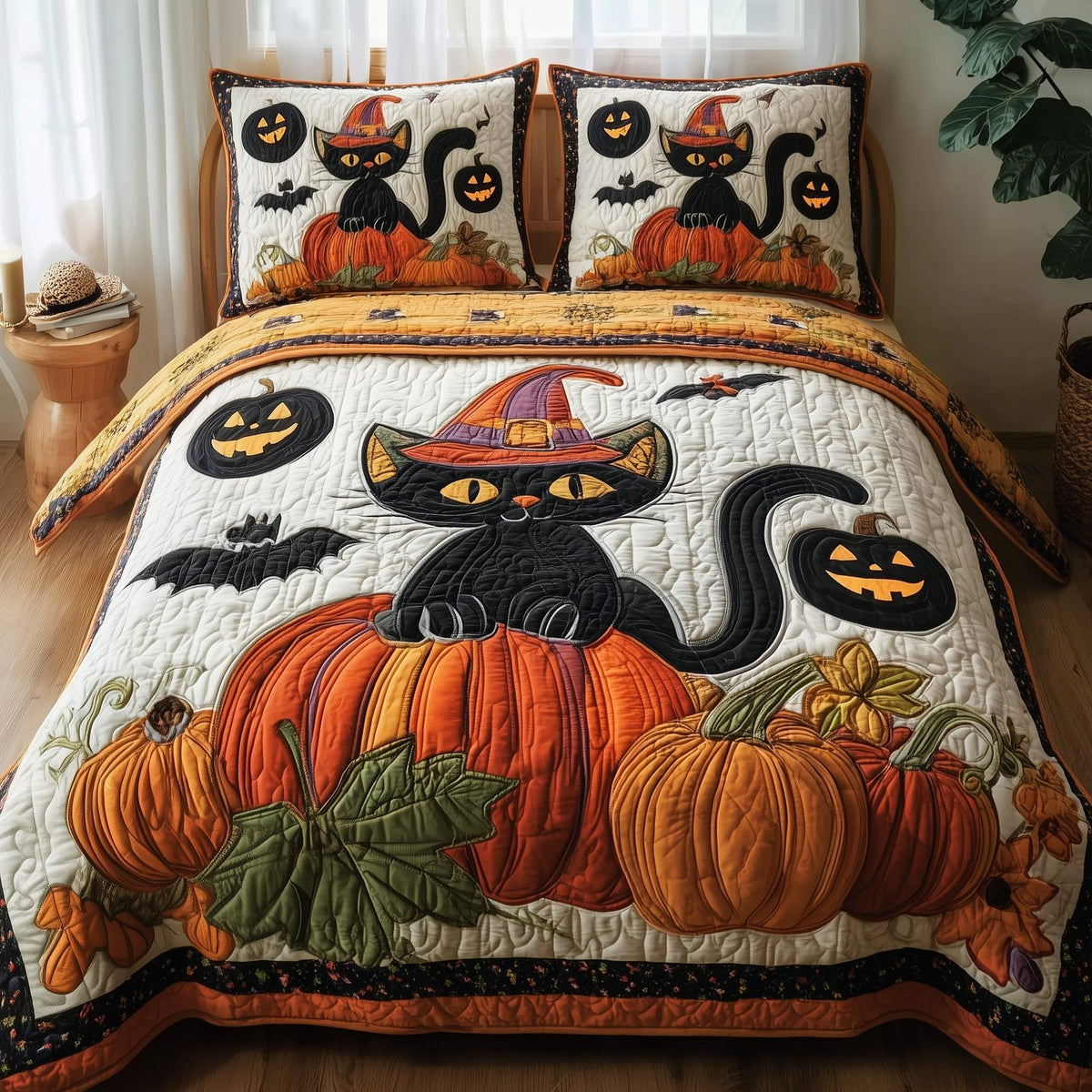 Mystic Meow quilted 3-piece bedding set on a made bed with two matching pillow shams