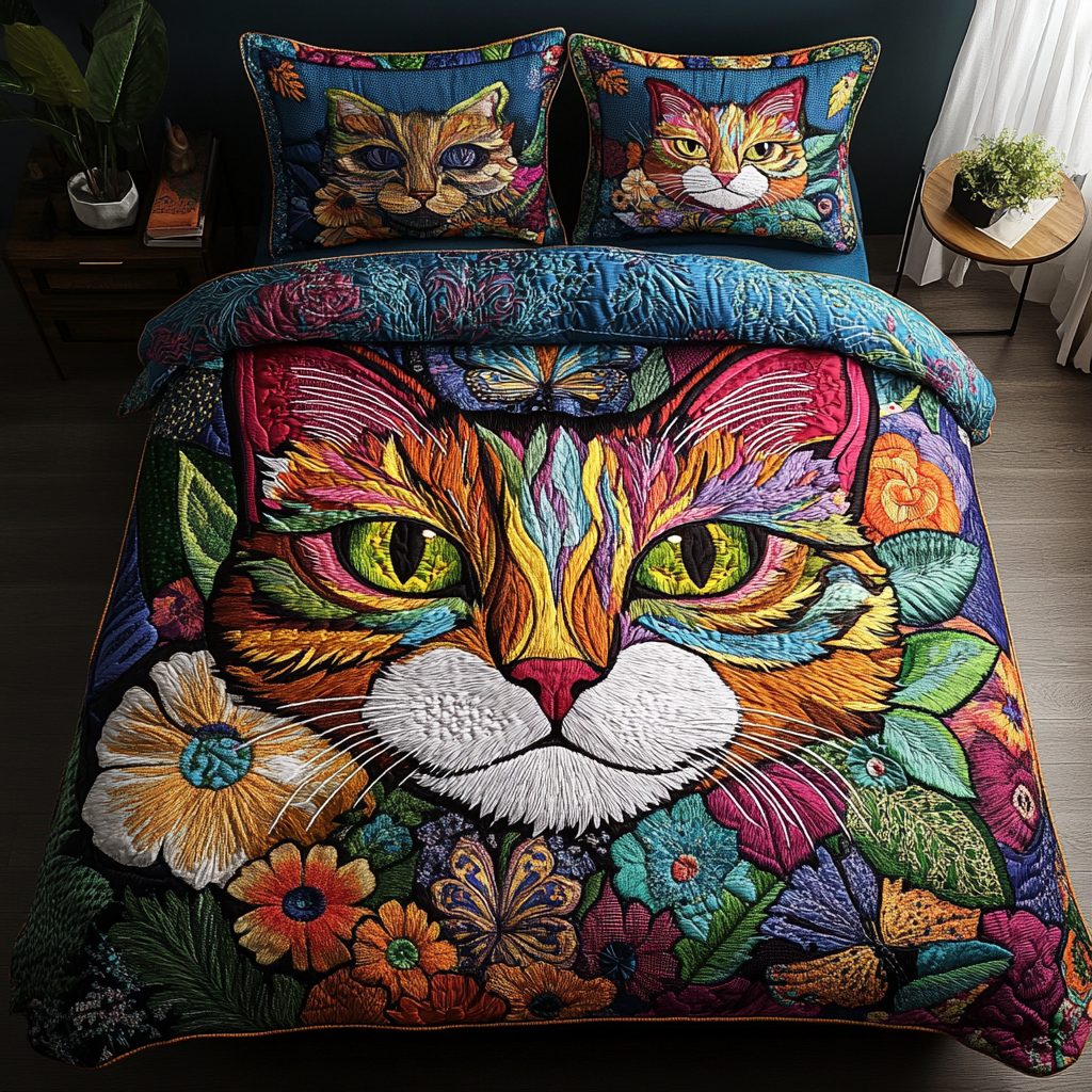 Mystic Meow quilted 3-piece bedding set on a made bed with two matching pillow shams