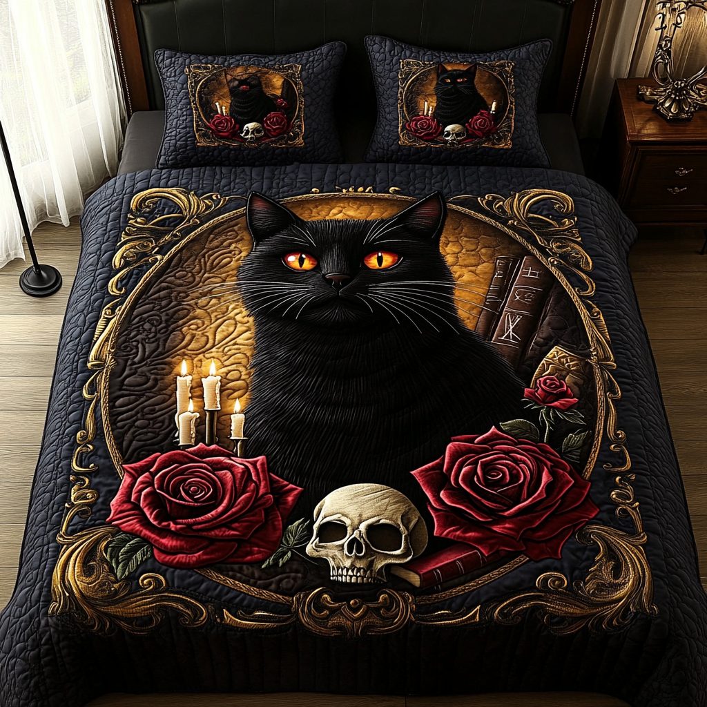 Mystic Meow quilted 3-piece bedding set on a made bed with two matching pillow shams