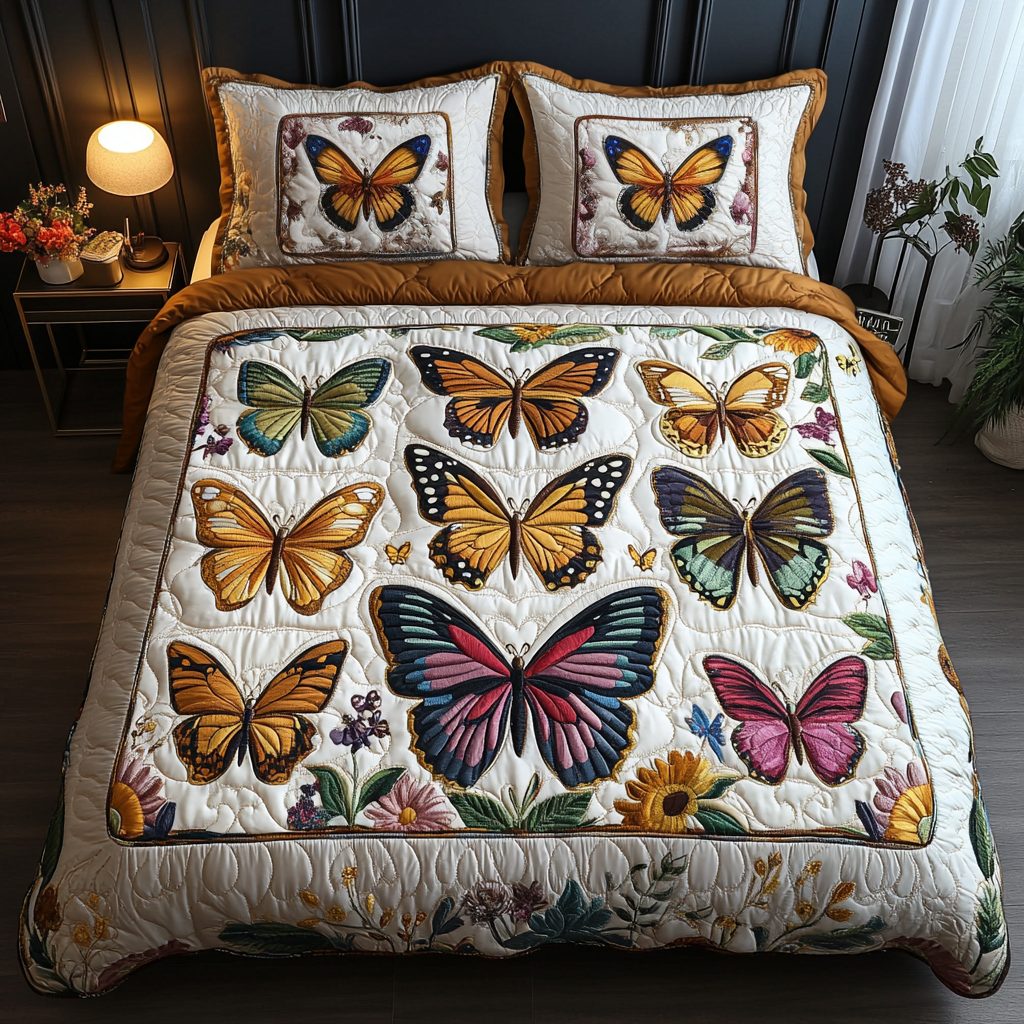 Mystic Monarch quilted 3-piece bedding set on a made bed with two matching pillow shams