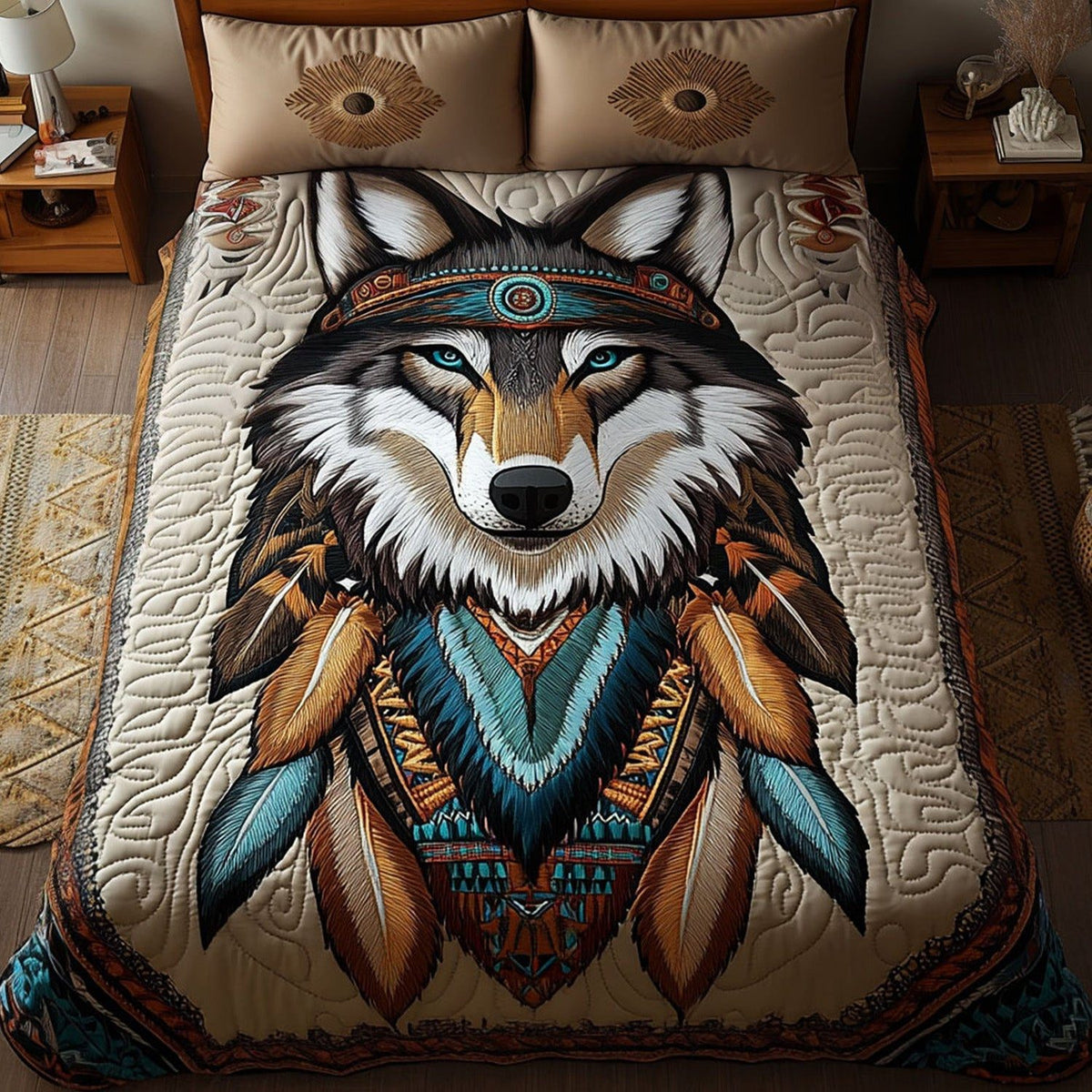 Mystic Moon Wolf quilted 3-piece bedding set on a made bed with two matching pillow shams