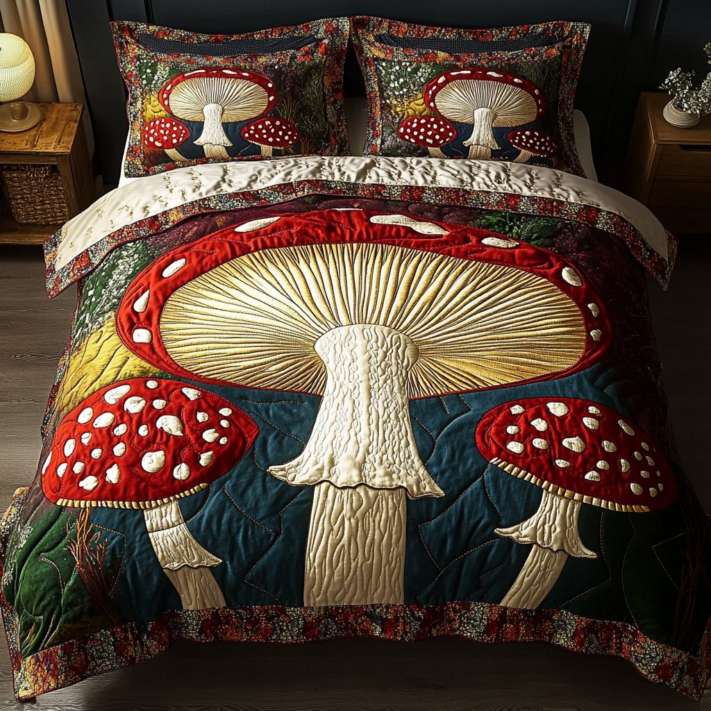 Mystic Mushroom quilted 3-piece bedding set on a made bed with two matching pillow shams