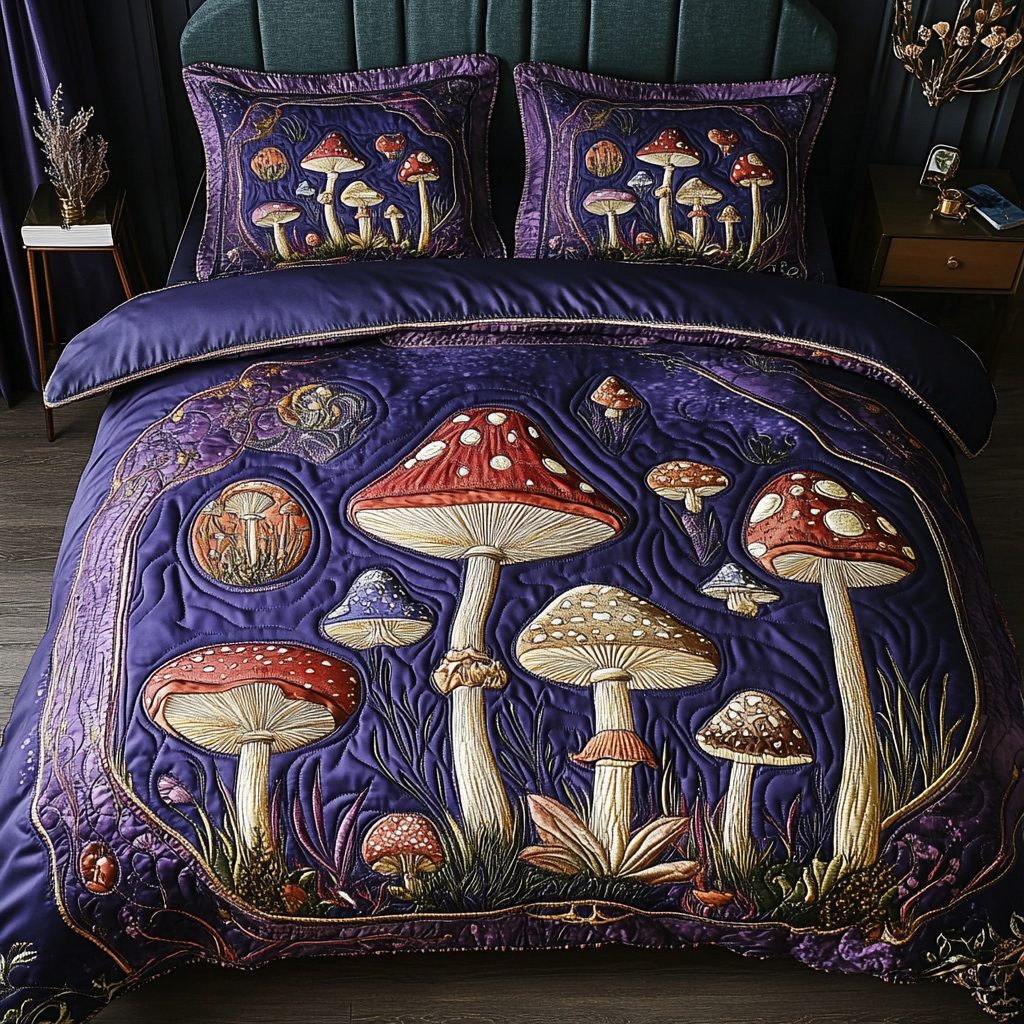 Mystic Mushrooms quilted 3-piece bedding set on a made bed with two matching pillow shams