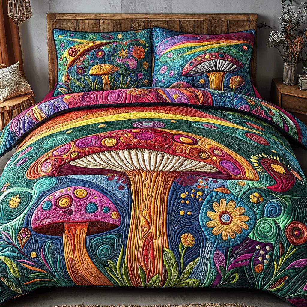 Mystic Mushrooms quilted 3-piece bedding set on a made bed with two matching pillow shams