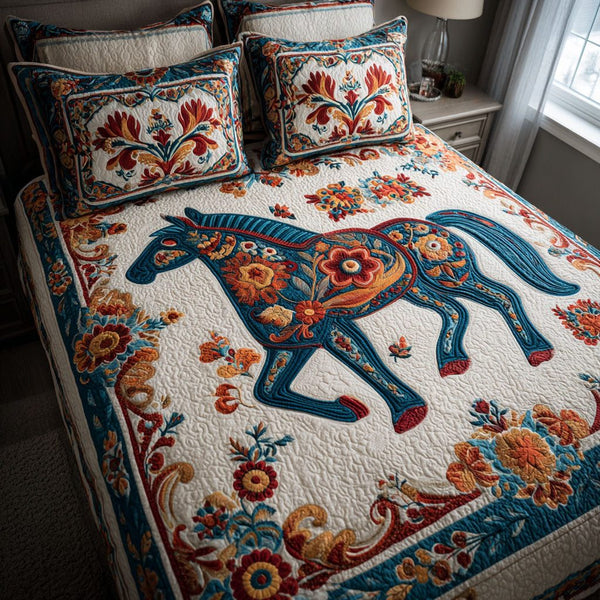 Mystic Mustang quilted 3-piece bedding set on a made bed with two matching pillow shams