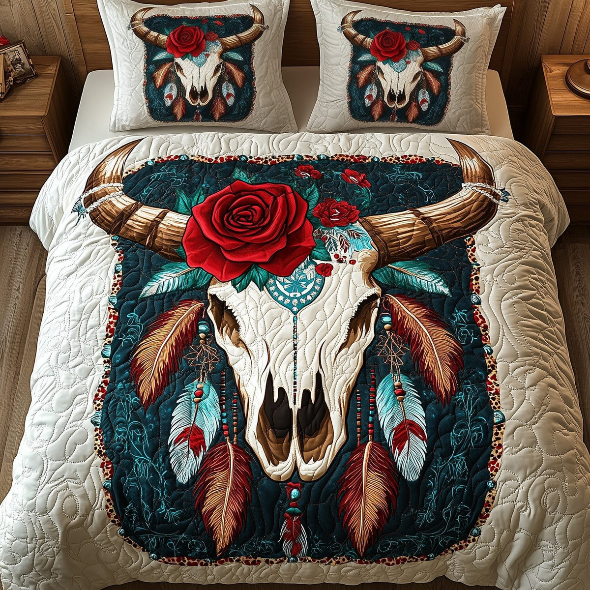Mystic Native Longhorn quilted 3-piece bedding set on a made bed in a rustic timber bedroom