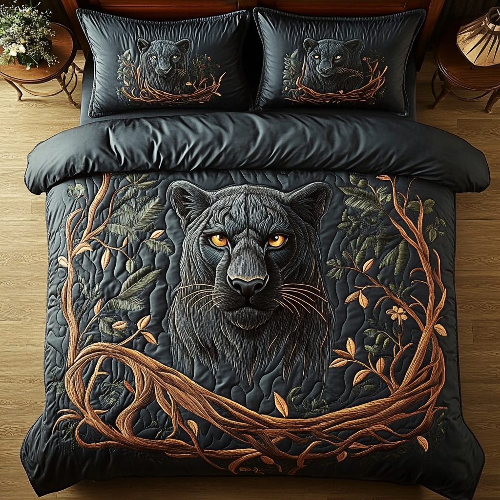 Mystic Panther Twilight quilted 3-piece bedding set on a made bed with two matching pillow shams