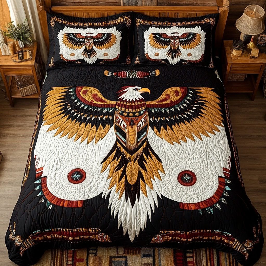 Mystic Paths quilted 3-piece bedding set on a made bed with two matching pillow shams