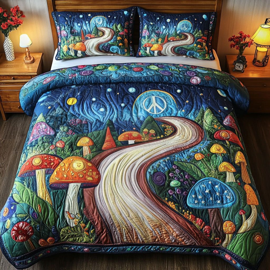 Mystic Peace Haven quilted 3-piece bedding set on a made bed with two matching pillow shams