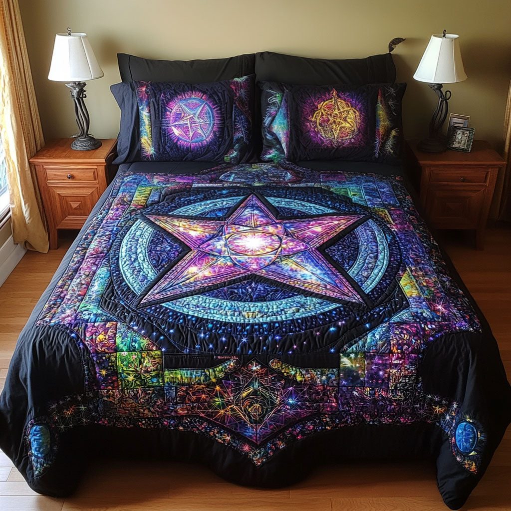 Mystic Pentacle quilted 3-piece bedding set on a made bed with two matching pillow shams