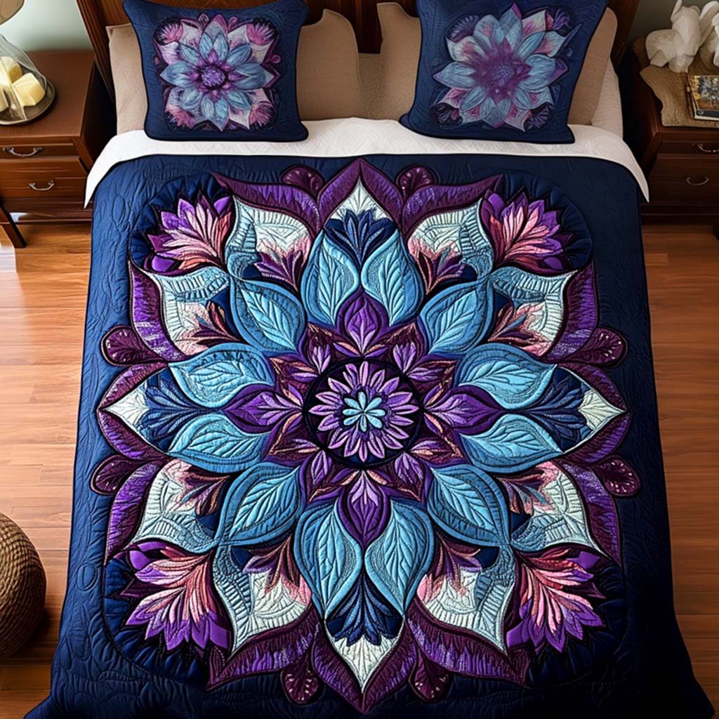 Mystic Petals quilted 3-piece bedding set on a made bed with two matching pillow shams