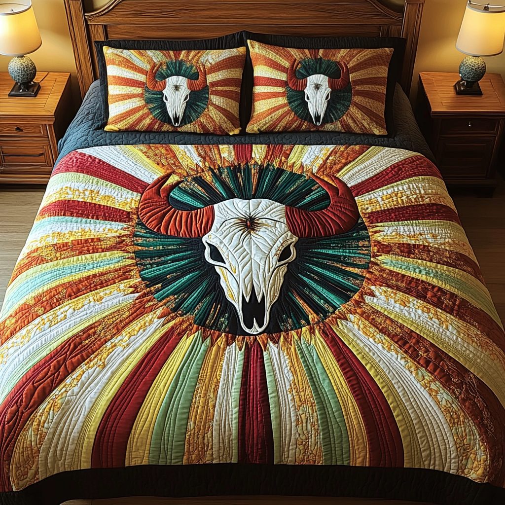Mystic Plains quilted 3-piece bedding set on a made bed with two matching pillow shams