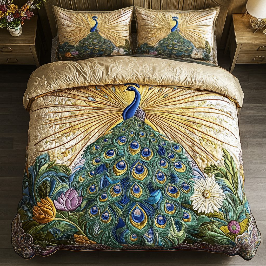 Mystic Plumage quilted 3-piece bedding set on a made bed with two matching pillow shams