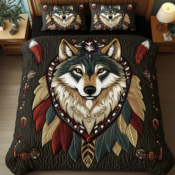Mystic Prowl quilted 3-piece bedding set on a made bed with two matching pillow shams