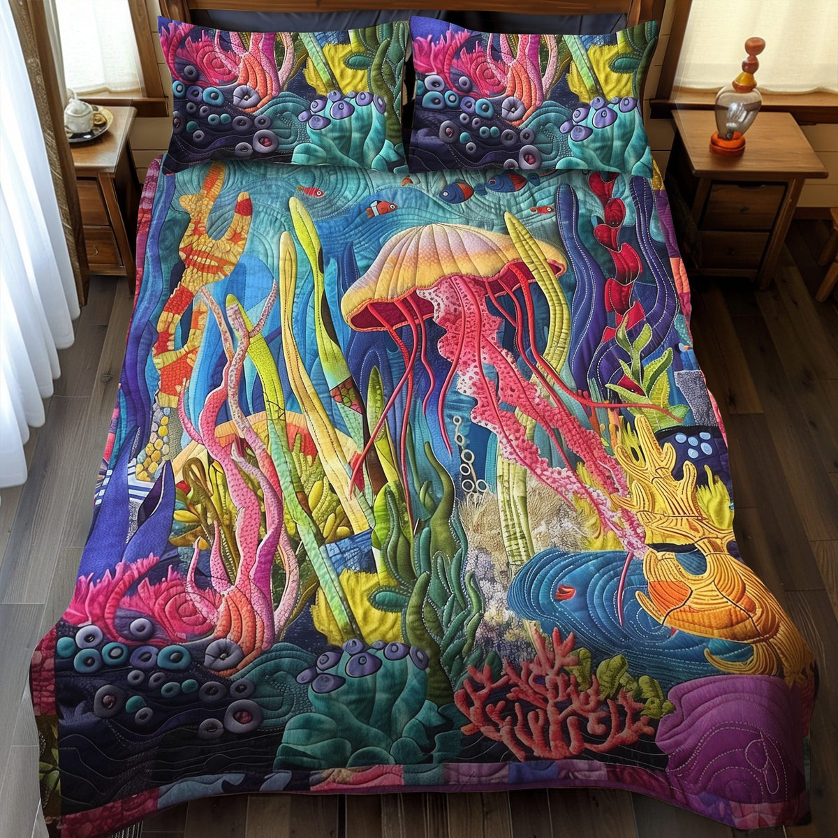 Mystic Reef quilted 3-piece bedding set on a made bed in a light coastal bedroom
