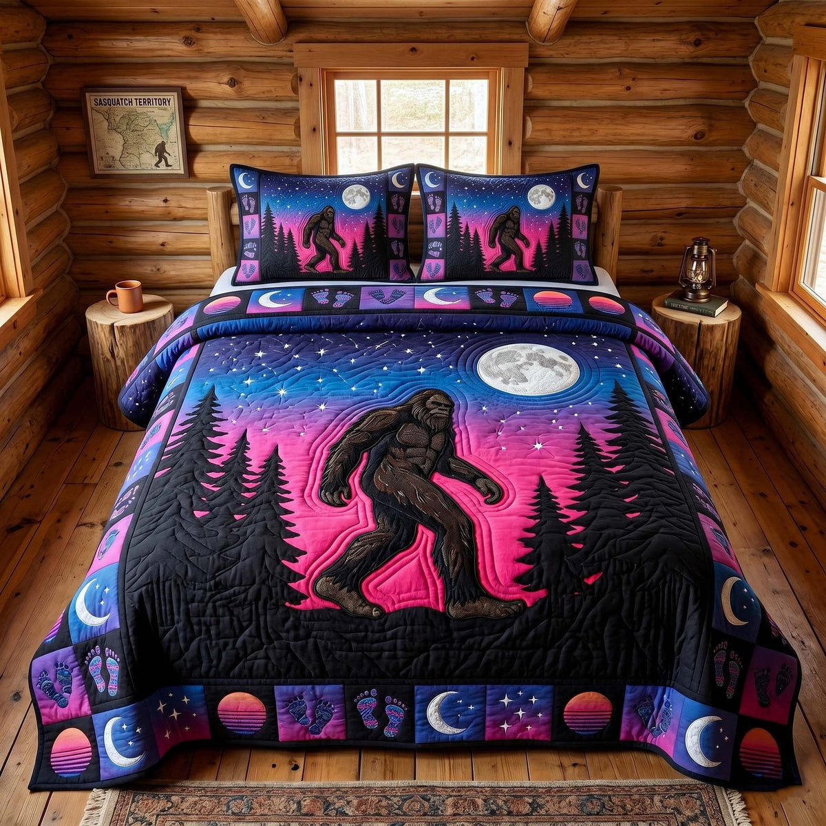 Mystic Sasquatch quilted 3-piece bedding set on a made bed with two matching pillow shams