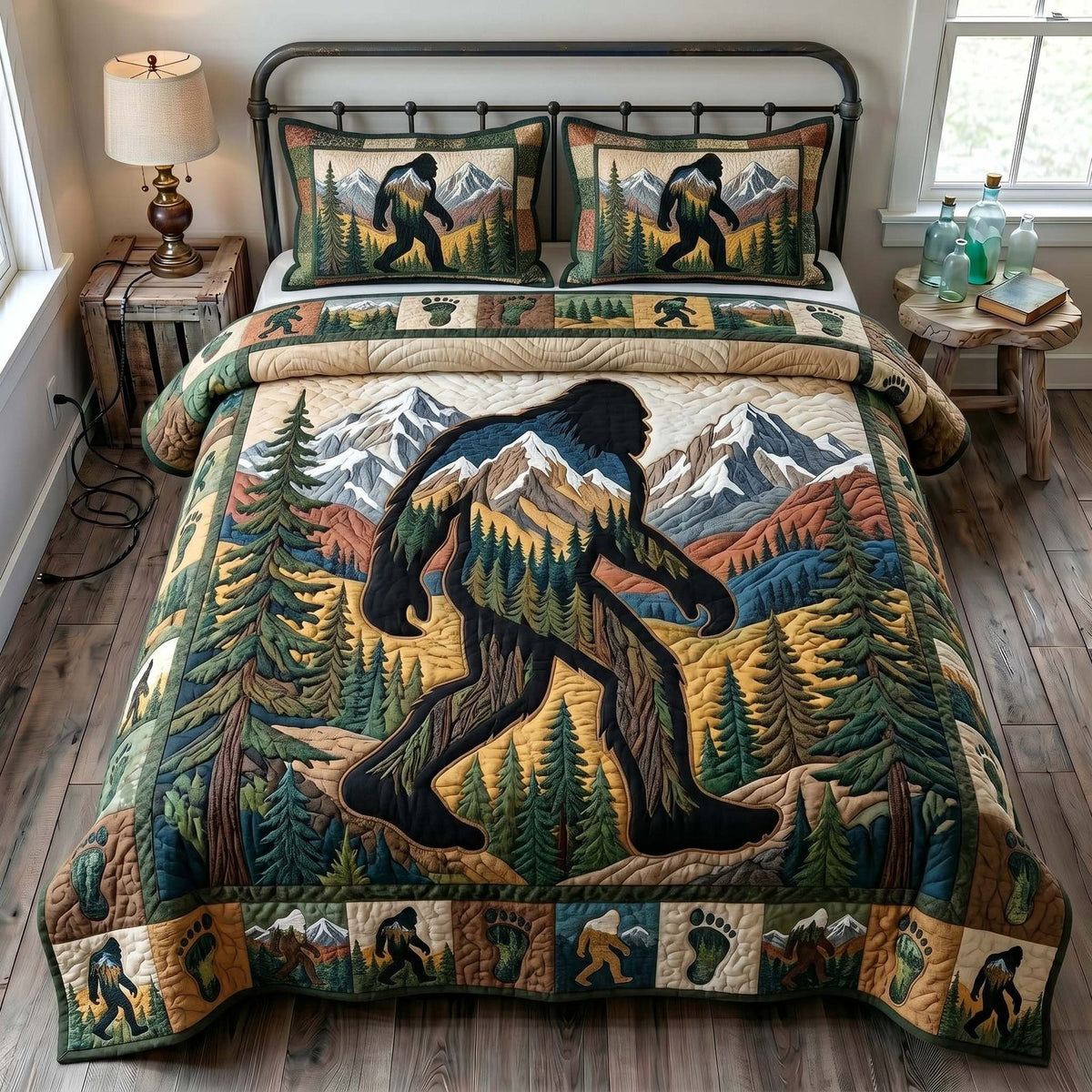 Mystic Sasquatch quilted 3-piece bedding set on a made bed with two matching pillow shams