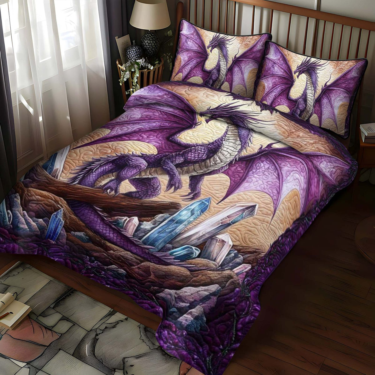 Mystic Scale quilted 3-piece bedding set on a made bed with two matching pillow shams