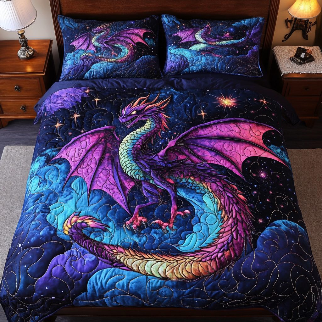 Mystic Scale quilted 3-piece bedding set on a made bed with two matching pillow shams