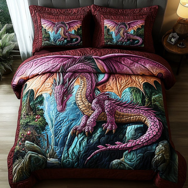 Mystic Scales quilted 3-piece bedding set on a made bed with two matching pillow shams