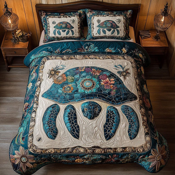 Mystic Sea Turtle quilted 3-piece bedding set on a made bed in a light coastal bedroom