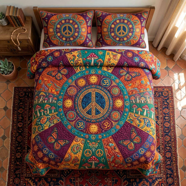 Mystic Soul quilted 3-piece bedding set on a made bed with two matching pillow shams