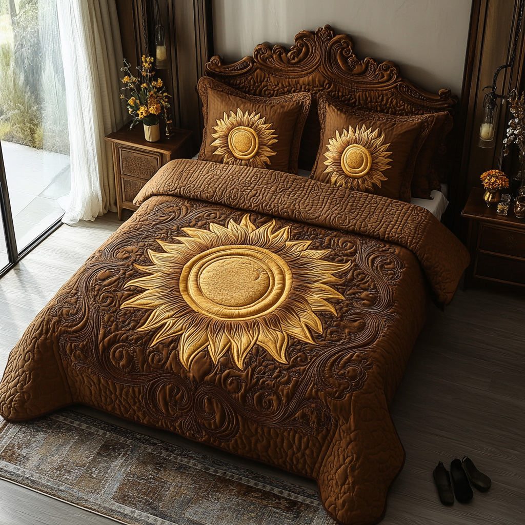 Mystic Sun Vibe quilted 3-piece bedding set on a made bed with two matching pillow shams