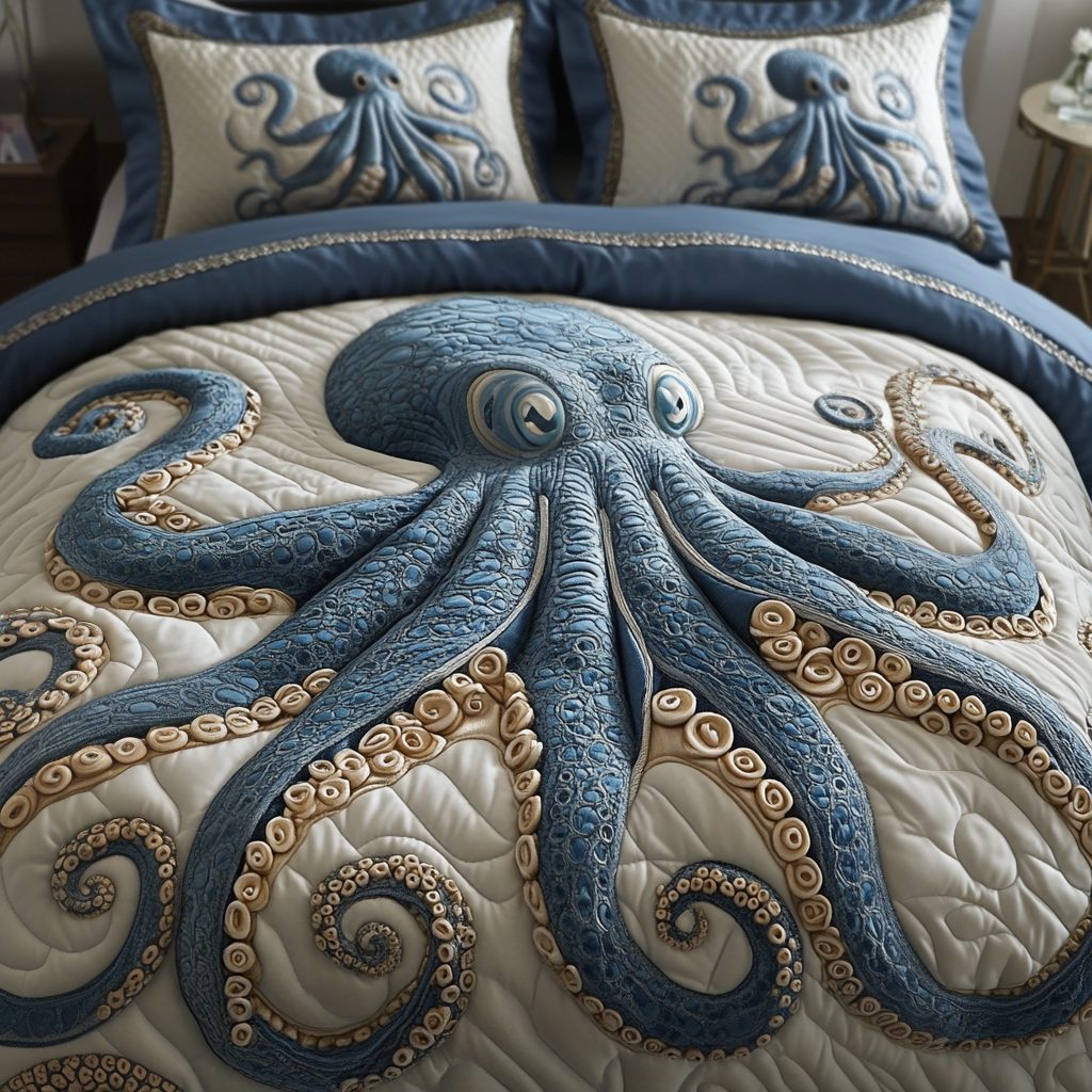 Mystic Tentacles quilted 3-piece bedding set on a made bed with two matching pillow shams