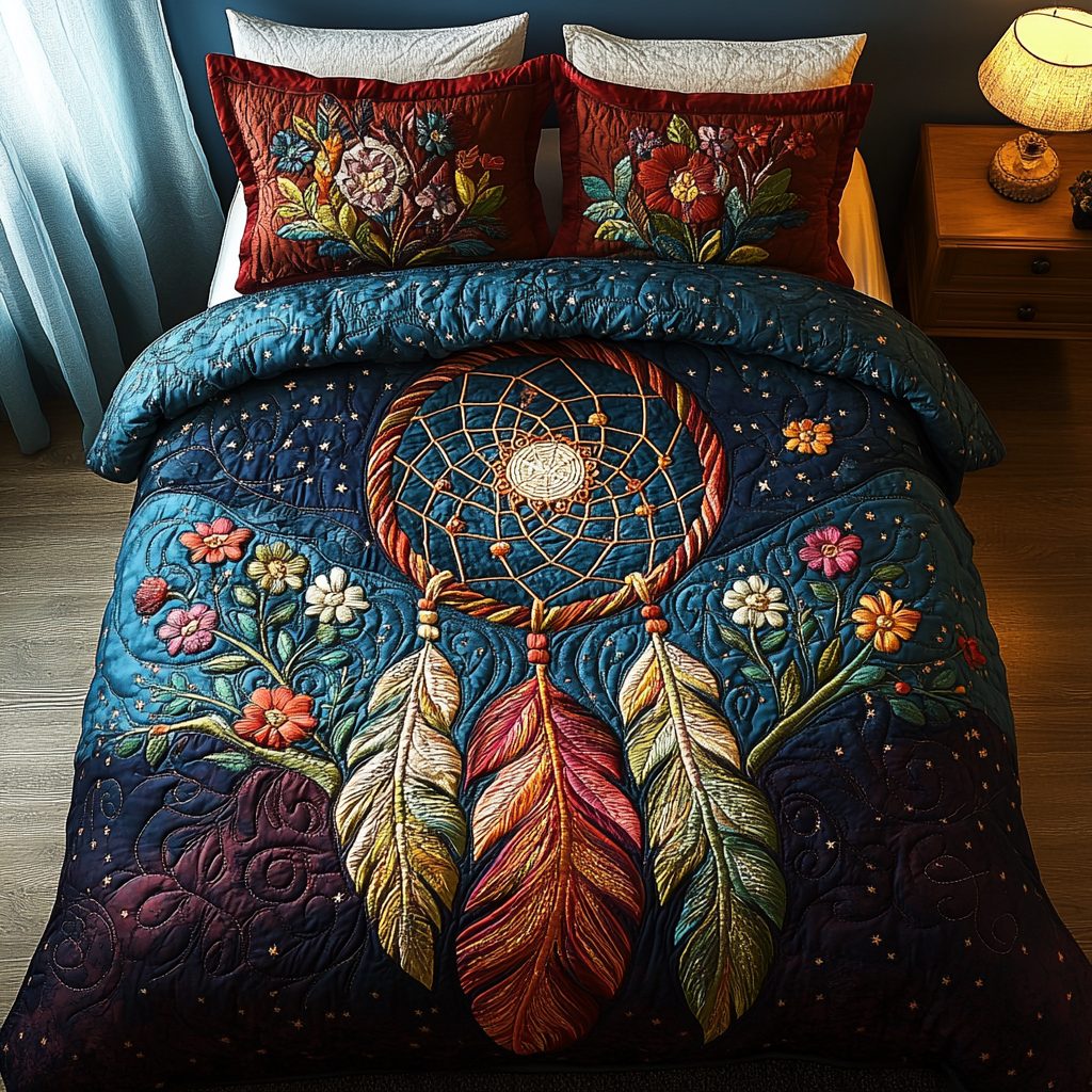 Mystic Threads quilted 3-piece bedding set on a made bed with two matching pillow shams