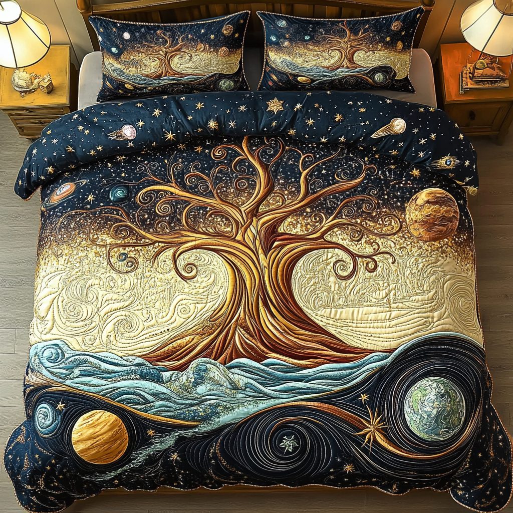 Mystic Tree Dreams quilted 3-piece bedding set on a made bed with two matching pillow shams