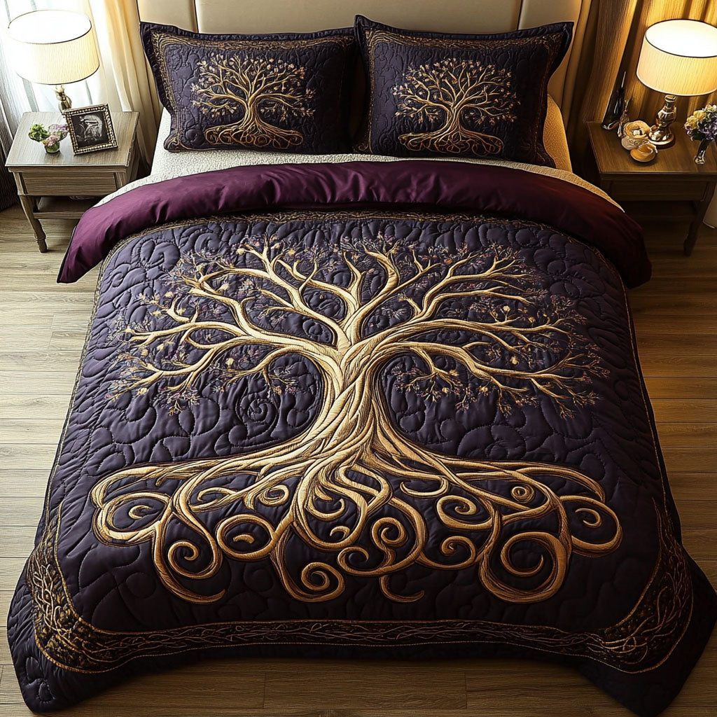 Mystic Tree of Life quilted 3-piece bedding set on a made bed with two matching pillow shams