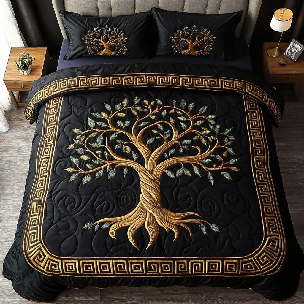 Mystic Tree quilted 3-piece bedding set on a made bed with two matching pillow shams