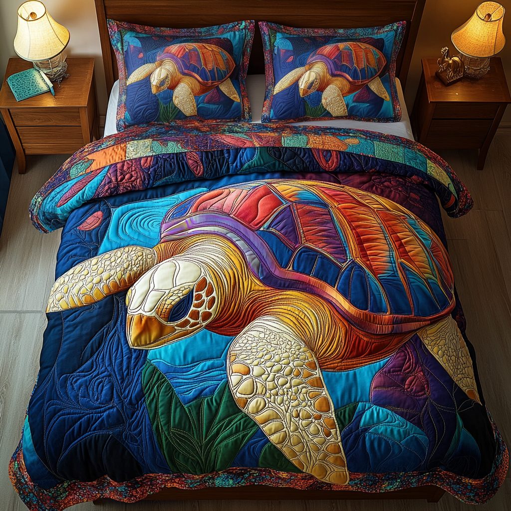 Mystic Turtle quilted 3-piece bedding set on a made bed in a light coastal bedroom