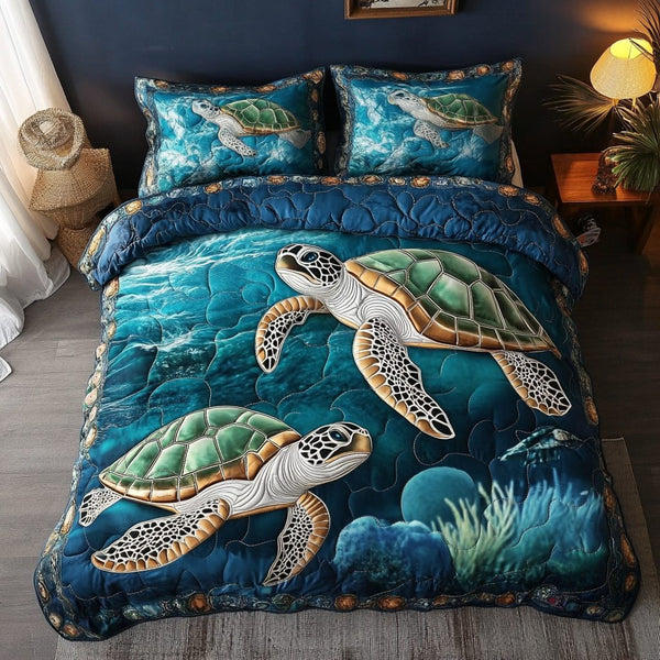 Mystic Turtle quilted 3-piece bedding set on a made bed in a light coastal bedroom