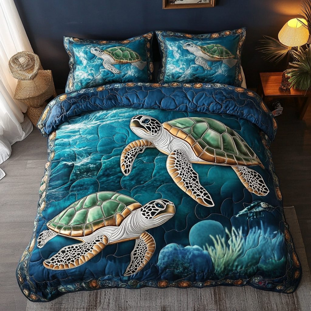 Mystic Turtle quilted 3-piece bedding set on a made bed in a light coastal bedroom