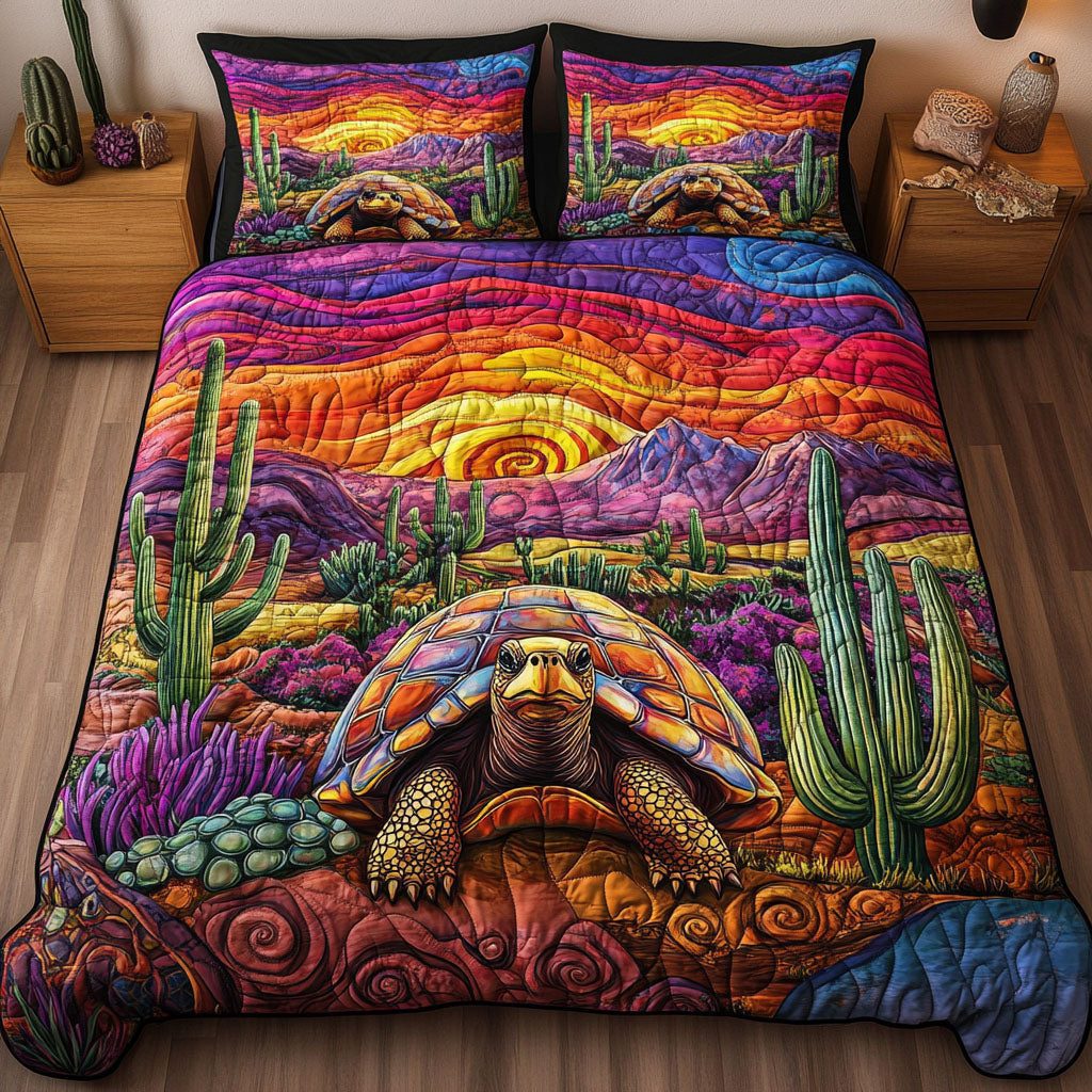 Mystic Turtle quilted 3-piece bedding set on a made bed in a light coastal bedroom