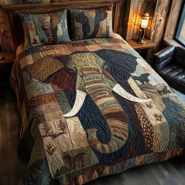 Mystic Tusks quilted 3-piece bedding set on a made bed with two matching pillow shams